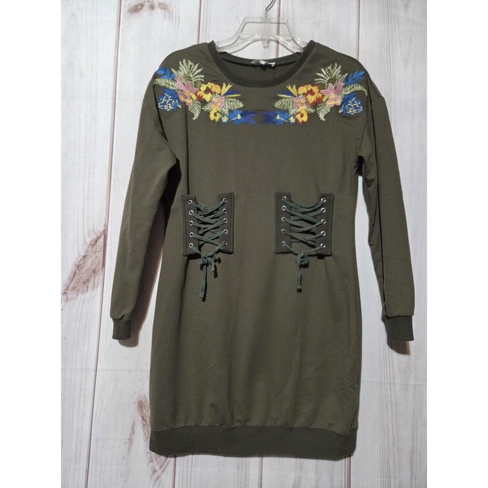 Lulumari Sweater Dress Womens Small Green Floral Embroidered Lace Up Corset Mini